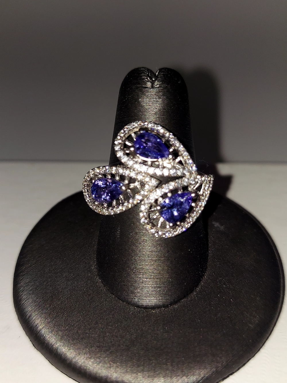 Blue Tanzanite Teardrop Pear Petal Halo Statement Ring Silver Sz 7.25